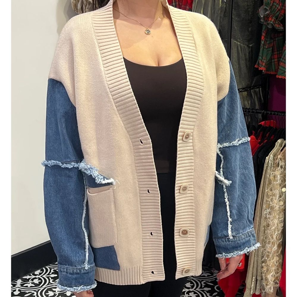 BiBi Cream and Denim Contrast Cardigan
